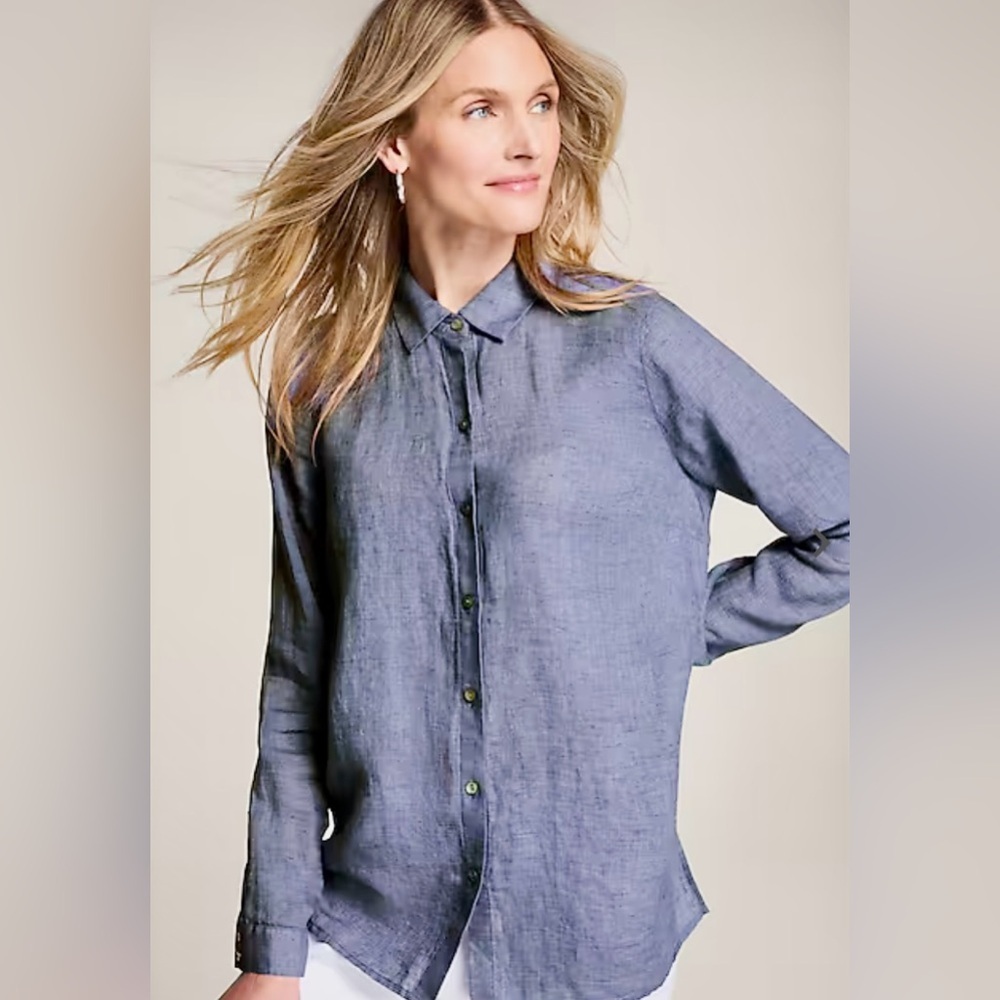 J.Jill Essential Shirt 100% Linen Button down Roll Tab Sleeve Light Grey Size L